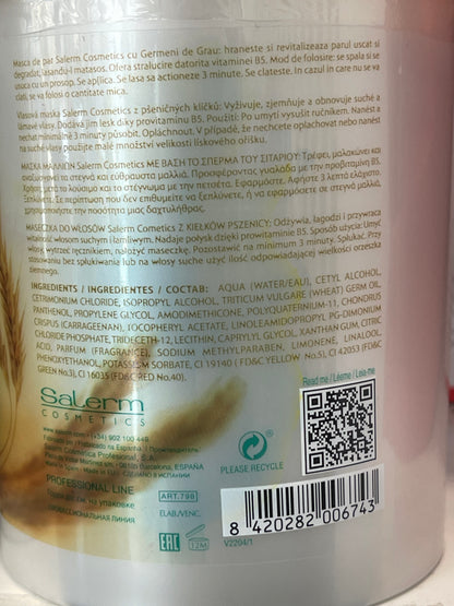 Salerm Cosmetics Hair Mask Wheat Germ – Professional Treatment for Dry & Damaged Hair (1000 ml / 32.8 oz)